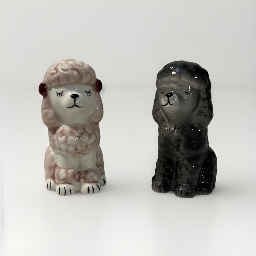 Vtg Kitsch MCM Poodle Salt & Pepper Shakers Pink Black Ceramic Dogs
